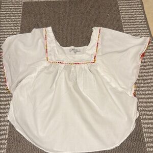 Madewell White Flutter Sleeve Blouse with Ruffled Bib Collar